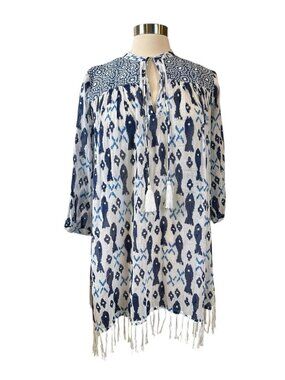 Roberta Roller Rabbit Cover Up Size M Blue White Ikat Cotton Tassel Fringe Tunic